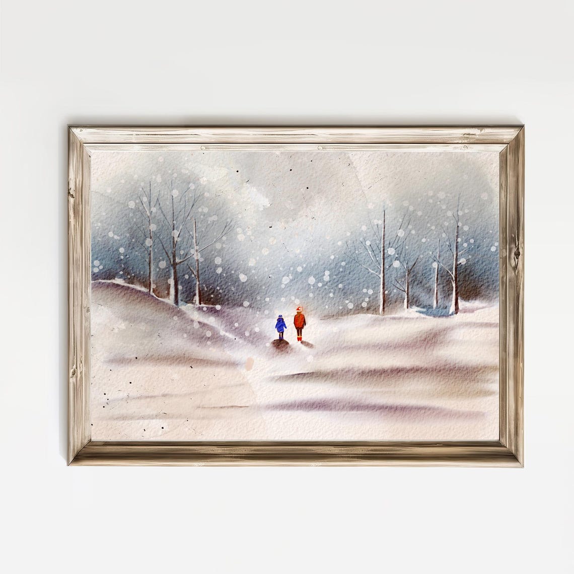 Winter Snow Walk Two Figures Falling Snow Watercolor Wall Art