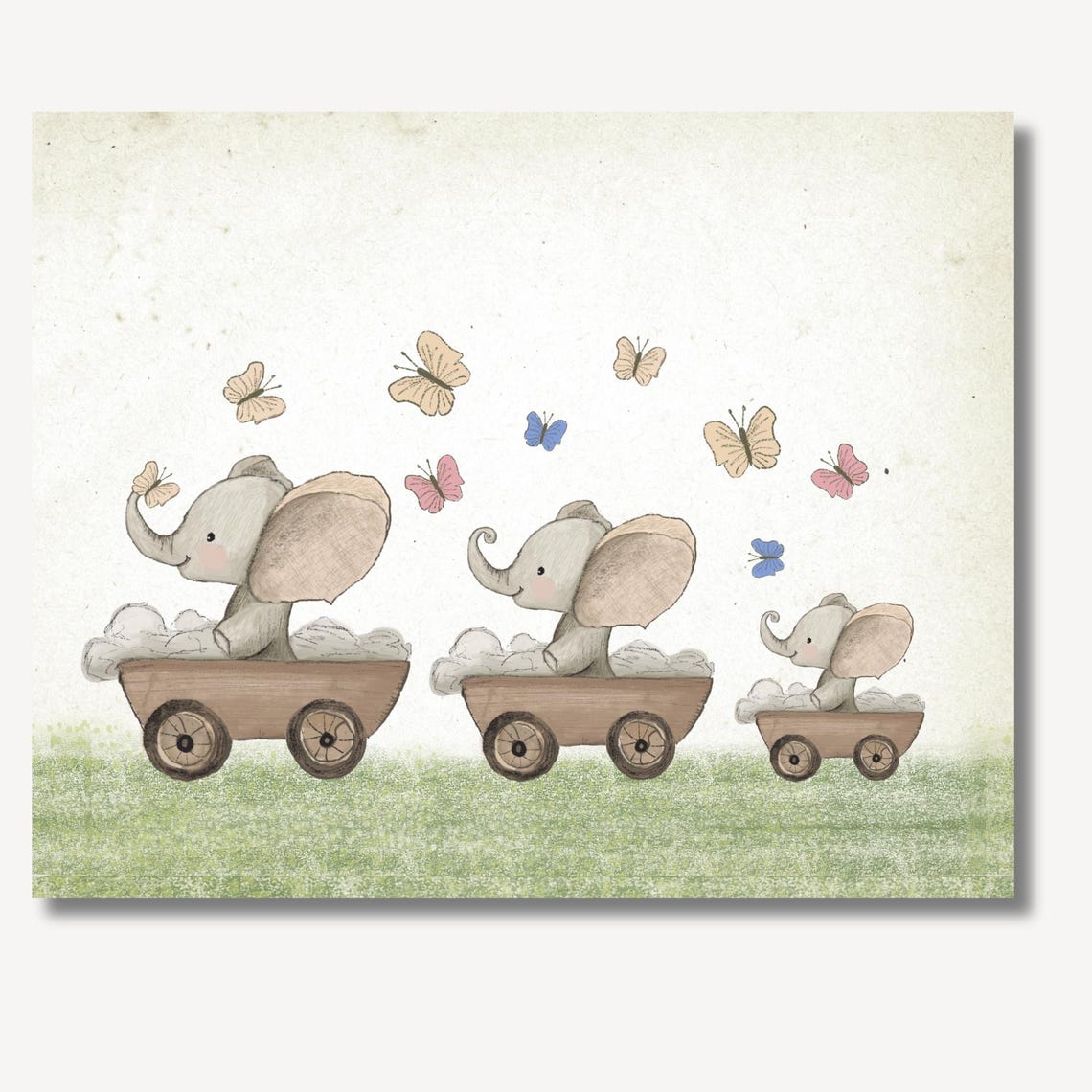 Three Baby Elephants in Wooden Carts With Butterflies Poster - Image 2