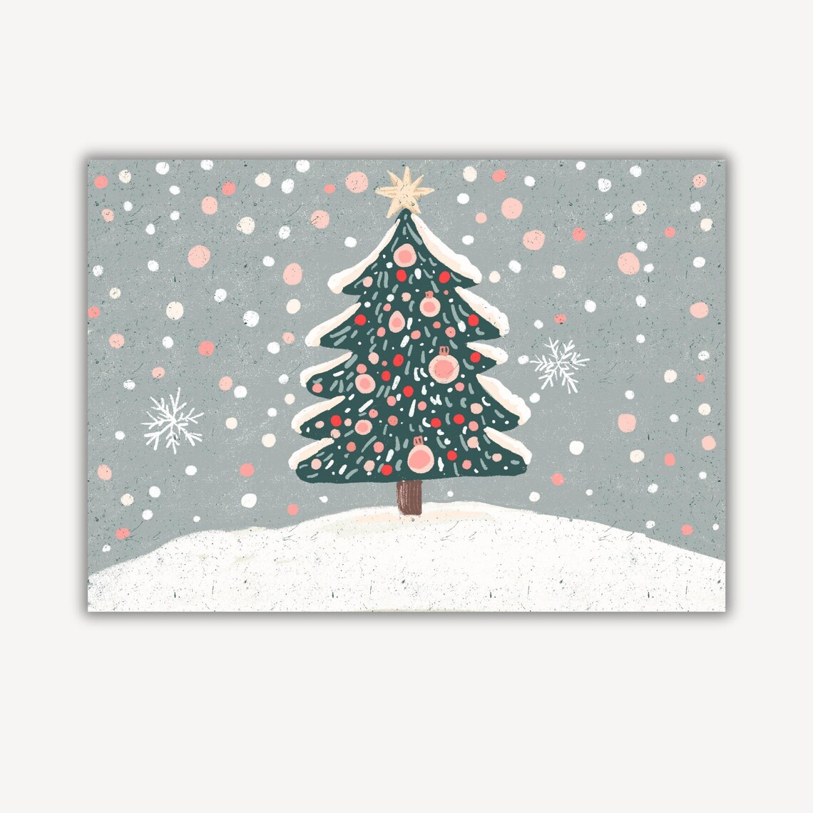 Snowy Christmas Tree Pink Ornaments Star Kids Holiday Winter Print - Image 2