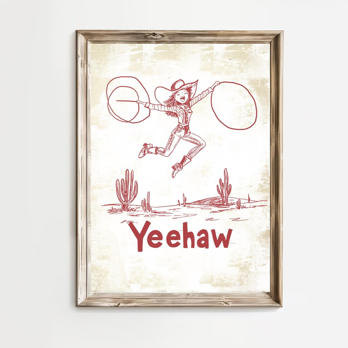 Yeehaw Cowgirl Jumping Lasso Desert Western Fun Sketch Poster