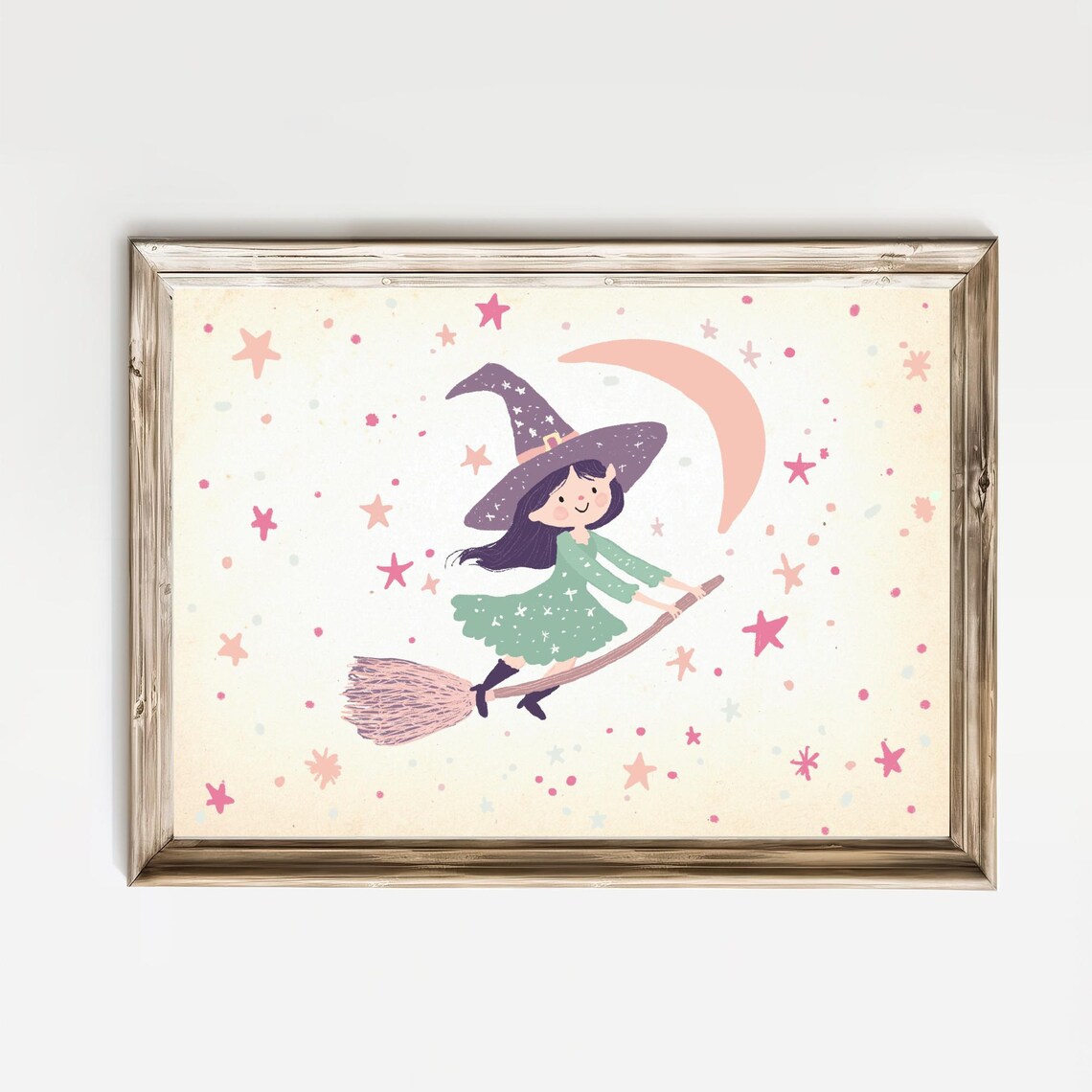 Friendly Witch Broomstick Pastel Moon Cute Halloween Nursery Poster