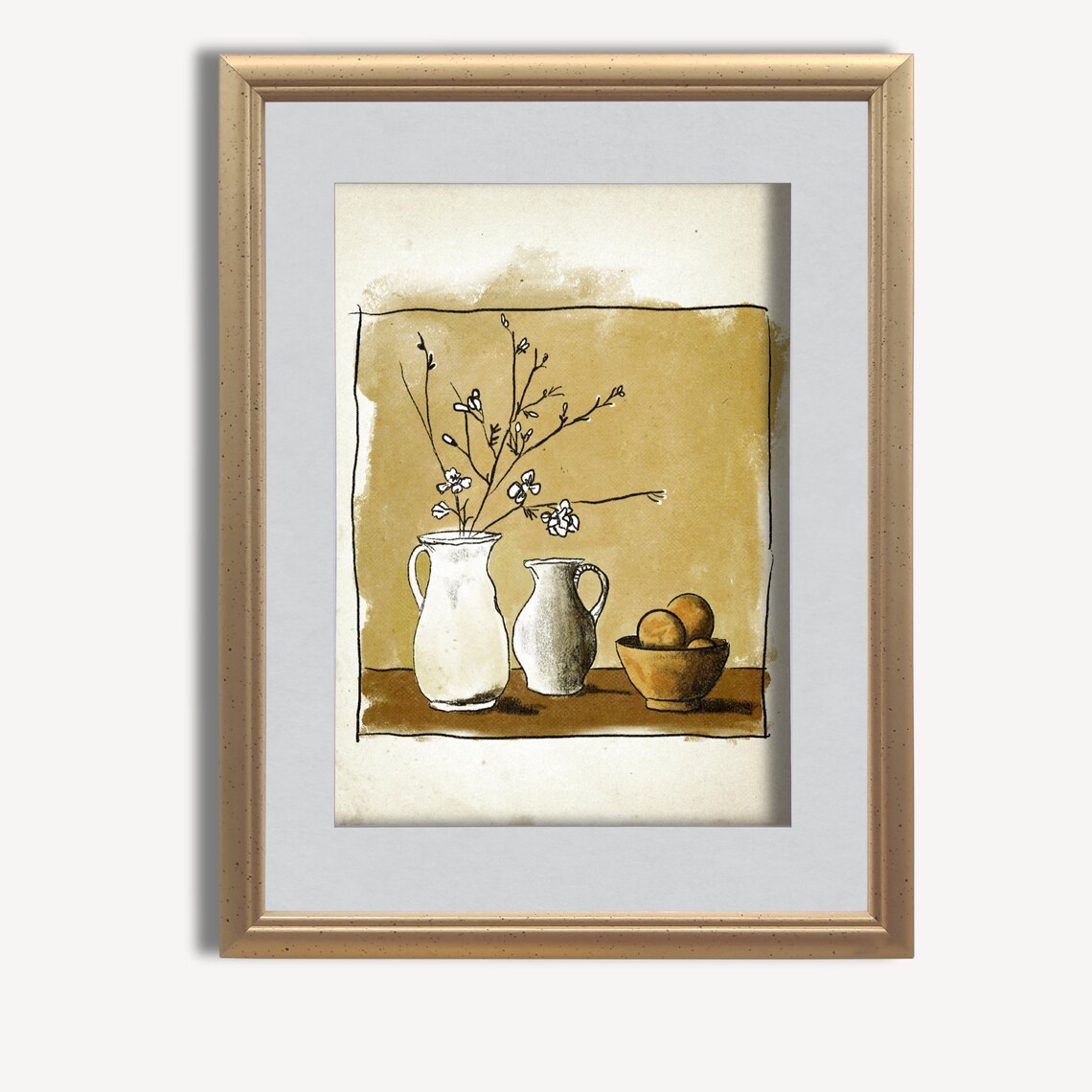 Sepia Still Life Two Jugs Blossom Branches Bowl Oranges Vintage Poster