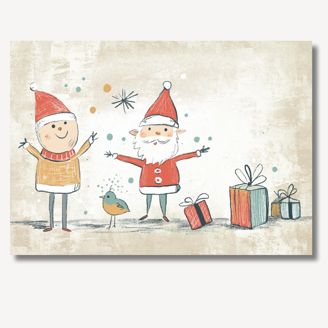 Watercolor Santa with Friend Gifts and Bird Cute Christmas Art Print - Image 2
