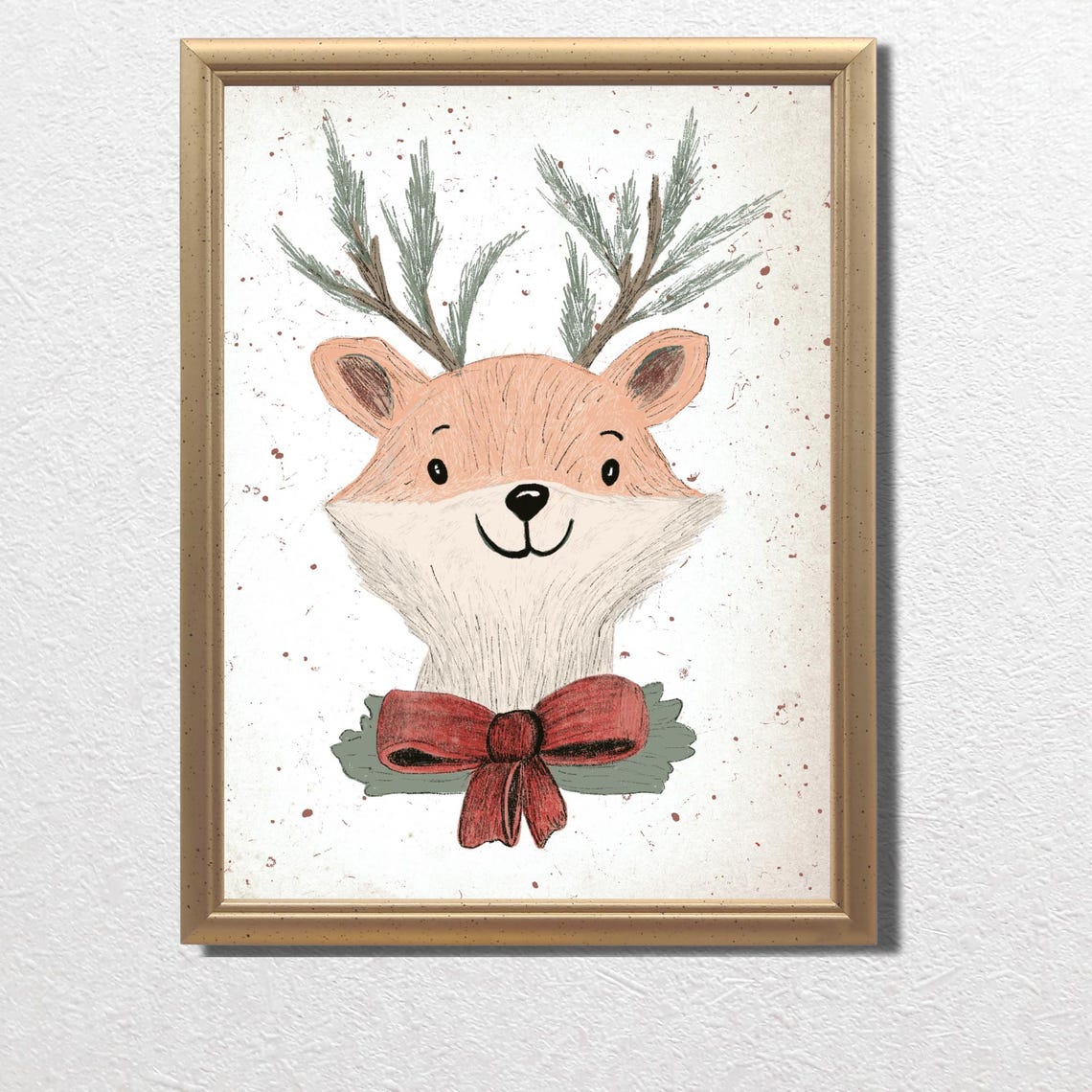 Cute Christmas Reindeer Red Bow Pine Sprig Antlers Kids Wall Art - Image 3