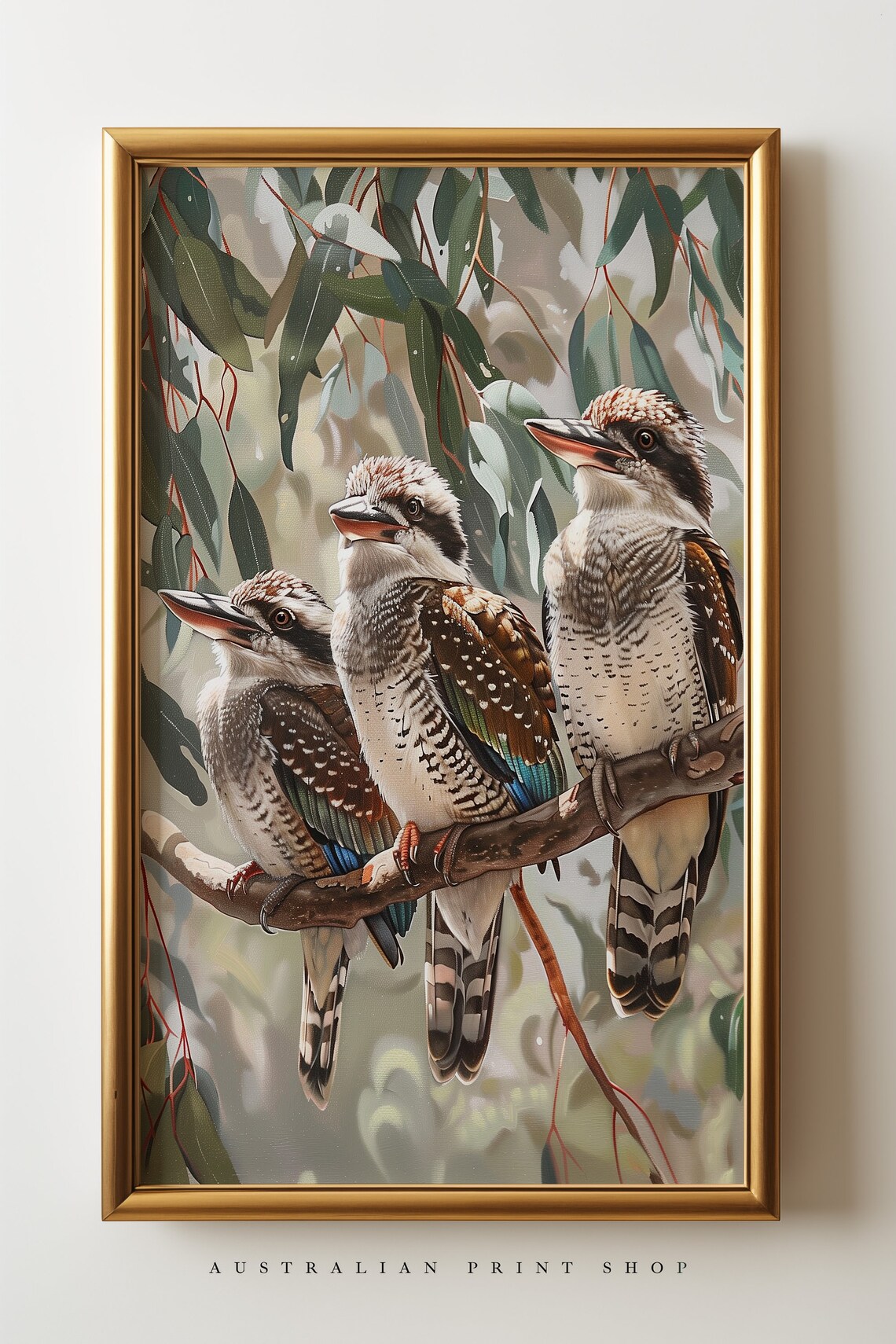 Kookaburra Trio, Sage Green Australian Art Print - Image 4