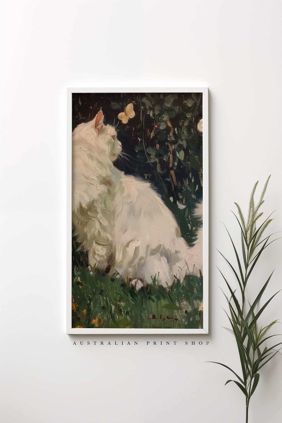 Fluffy White Cat Watching a Butterfly in a Dark Garden Cat Poster - Image 4