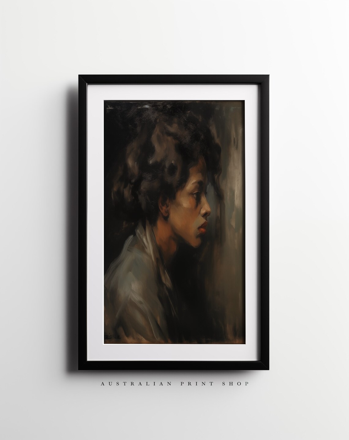 Moody Oil Portrait Of A Woman In Profile Emerging From Shadow Poster - Image 6