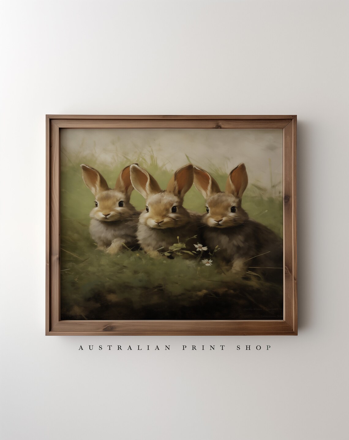 Three Cute Bunny Rabbits Huddled In Grass Vintage Oil Painting Poster - Image 5