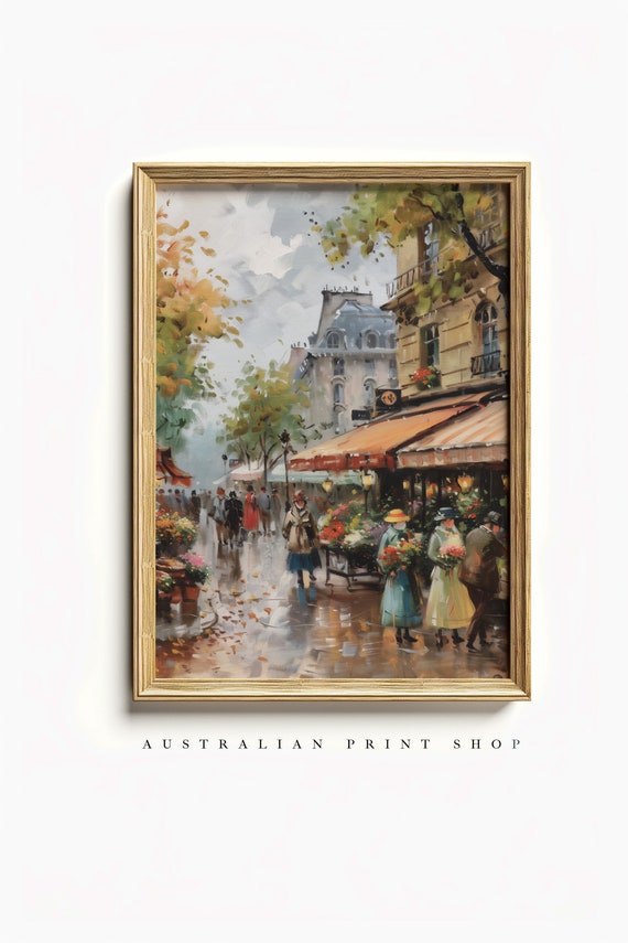 Vintage Street Cityscape Painting Moody Oil Painting Print Spring Wall Art French Cottage Wall Decor