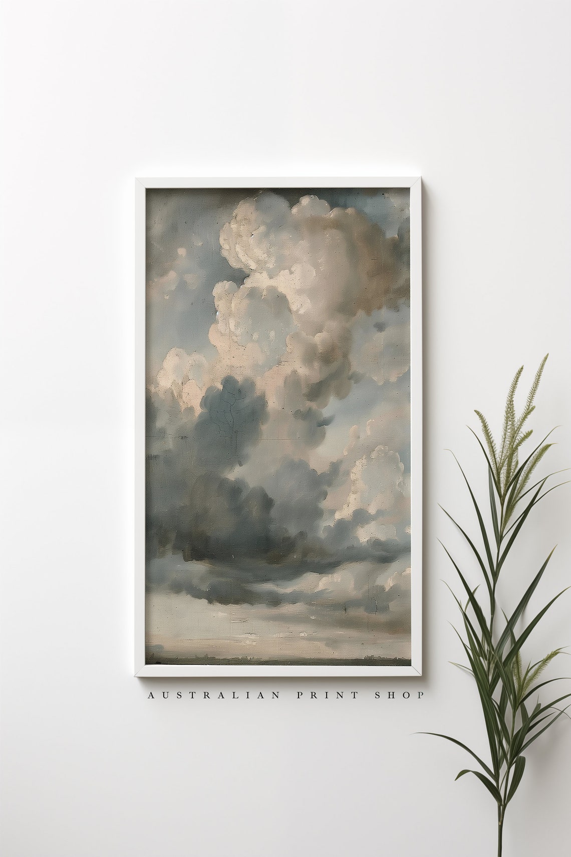 Antique Cloudy Sky Painting Muted Landscape Oil Oil Painting Living Room Decor Farmhouse Wall Art Gift For Him Or Her Neutral Print - Image 4