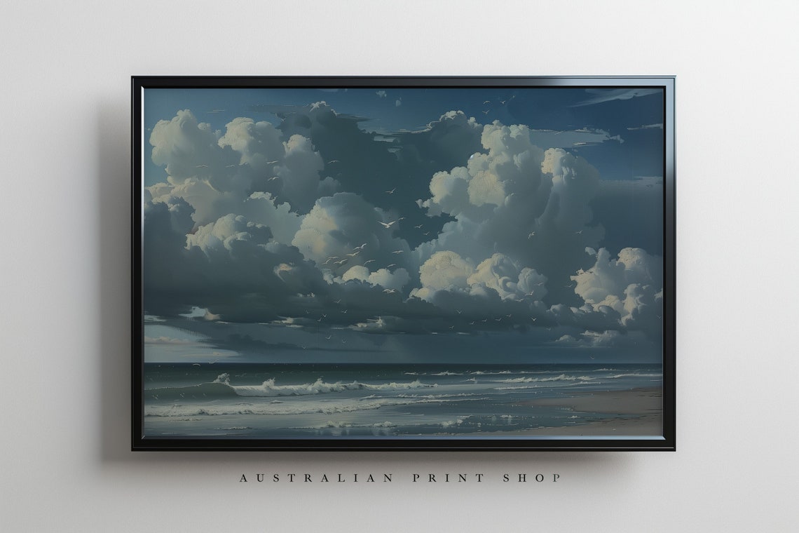 Cloudy Shoreline Tranquil Coastal Oil Painting Neutral Seascape Print Deep Blue Ocean Art Nautical Print - Image 7