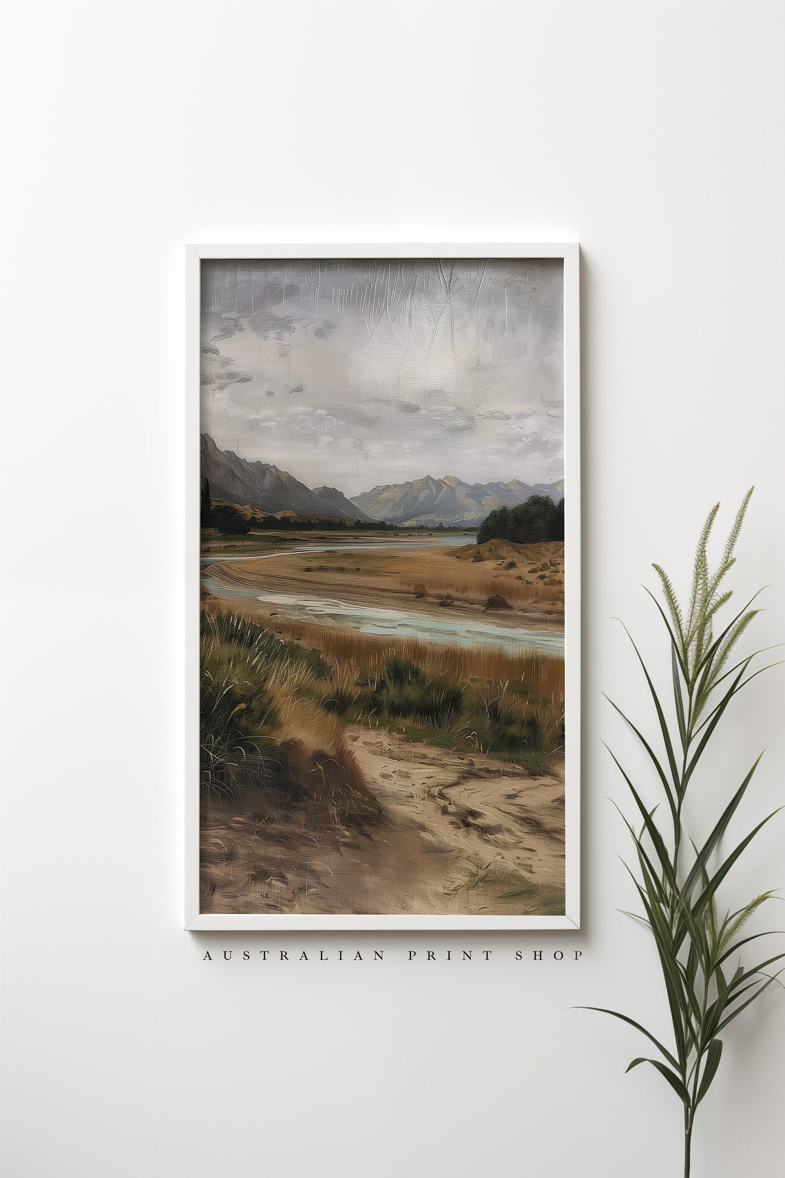 Vintage Rustic Countryside Painting Muted Landscape Print Moody Living Room Decor Neutral Farmhouse Wall Art - Image 3