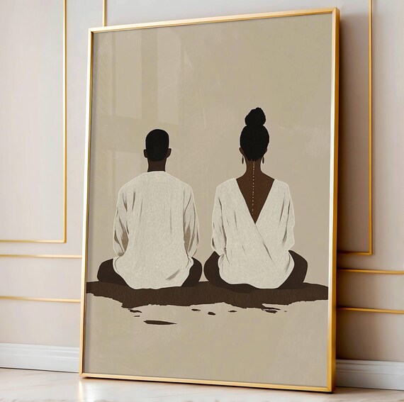 African Couple Prayer Art Print, Afrocentric Minimalist Faith
