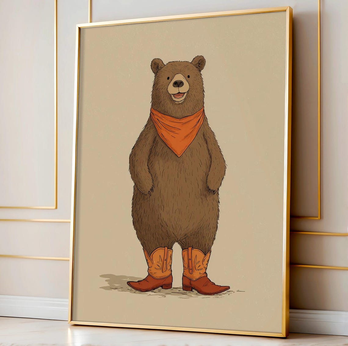 Smiling Cowboy Bear In Boots And Bandana Nursery Illustration Poster