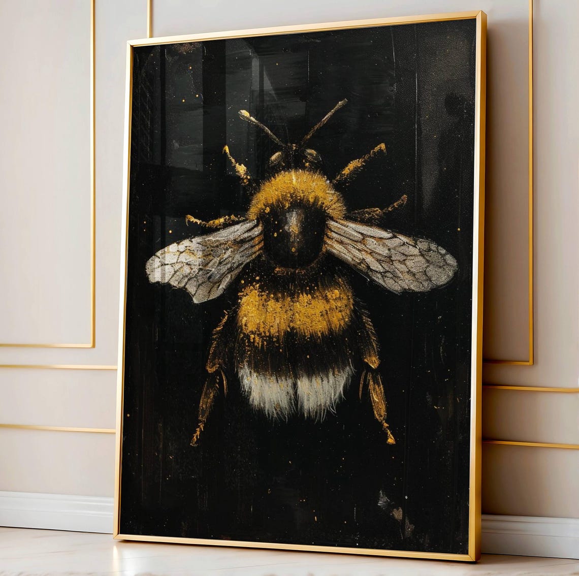 Vintage Bumblebee Painting On Black Dark Academia Insect Wall Art