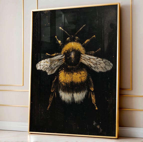 Vintage Bee Painting Botanical Art Honey Wall Spring Insect Print Dark Academia Rustic Nature Decor