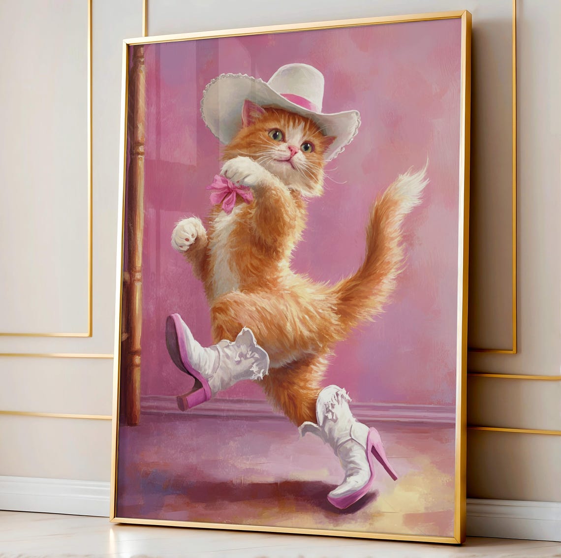 Dancing Cowboy Cat in Boots and Hat Pink Western Whimsical Fun Poster