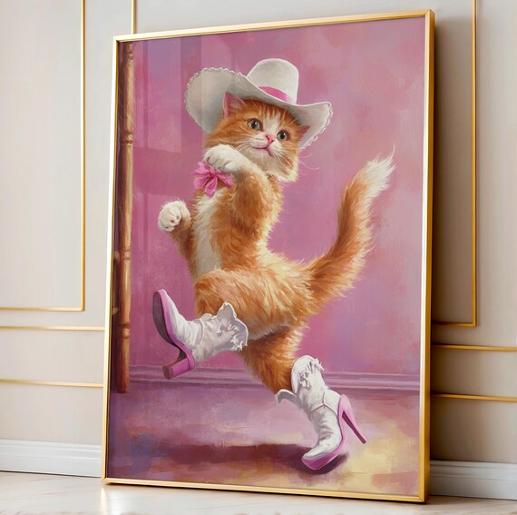 Dancing Cowboy Cat in Boots and Hat Pink Western Whimsical Fun Poster