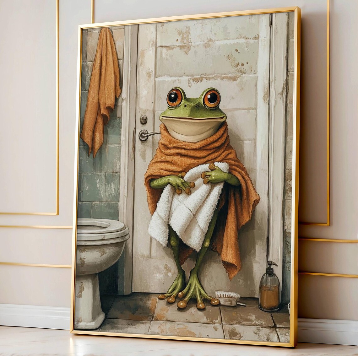 Towel Frog Funny Bathroom Retro Art Print