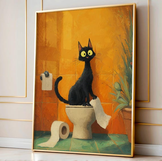 Funny Toilet Paper Cat Poster Black Bathroom Wall Art Quirky Feline Decor Playful Humor Print Hilarious Sign