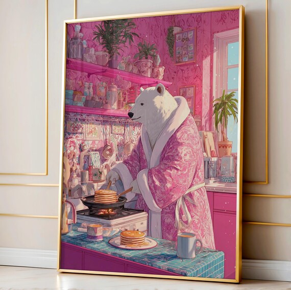 Polar Bear Kitchen Art Pancake Breakfast Print Dopamine Morning Decor Maximalist Animal Poster Cozy Wall