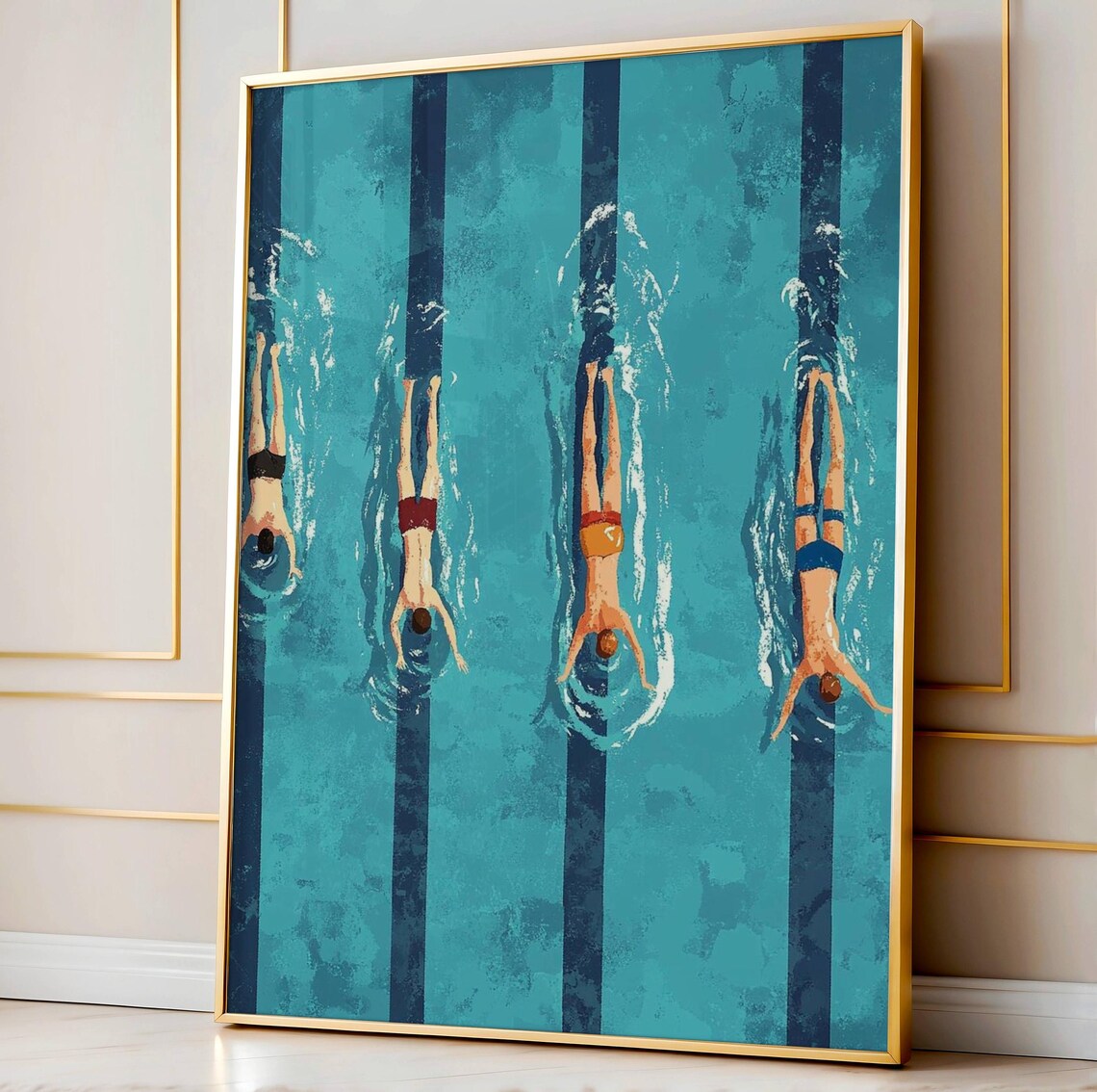 Aerial Swimmers Four Lane Pool Retro Blue Vintage Sports Art Poster