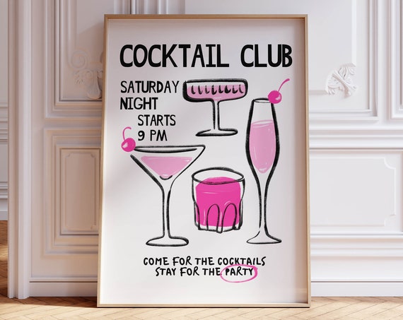 Handdrawn Kitchen Print Pink Room Decor Coquette Room Decor Pink Wall Art Trendy Retro Art Print Bar Cart Art Alcohol Poster Kitchen Decor