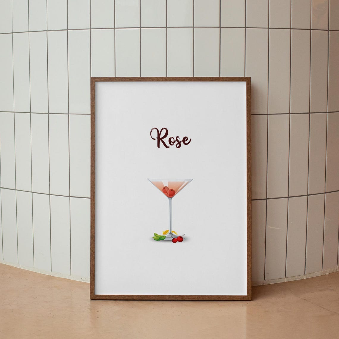 Rose Pink Martini Cherry Cocktail Watercolor Illustration Decor Poster - Image 2