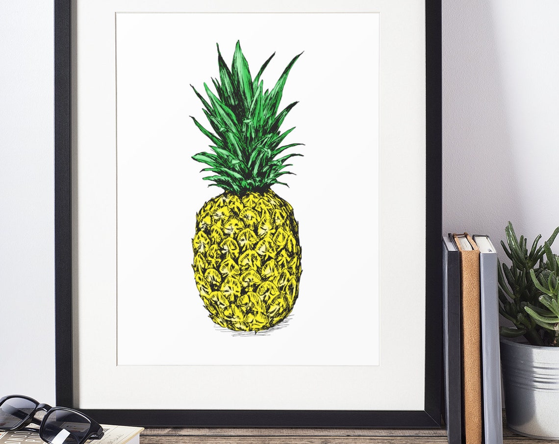 Pineapple Botanical Line Drawing Yellow Green Tropical Art Print - Image 2
