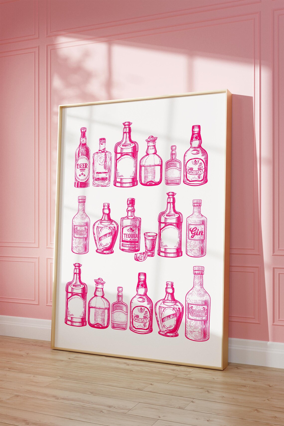 Pink Liquor Bottles Bar Cart Whisky Gin Tequila Trendy Art Poster - Image 3
