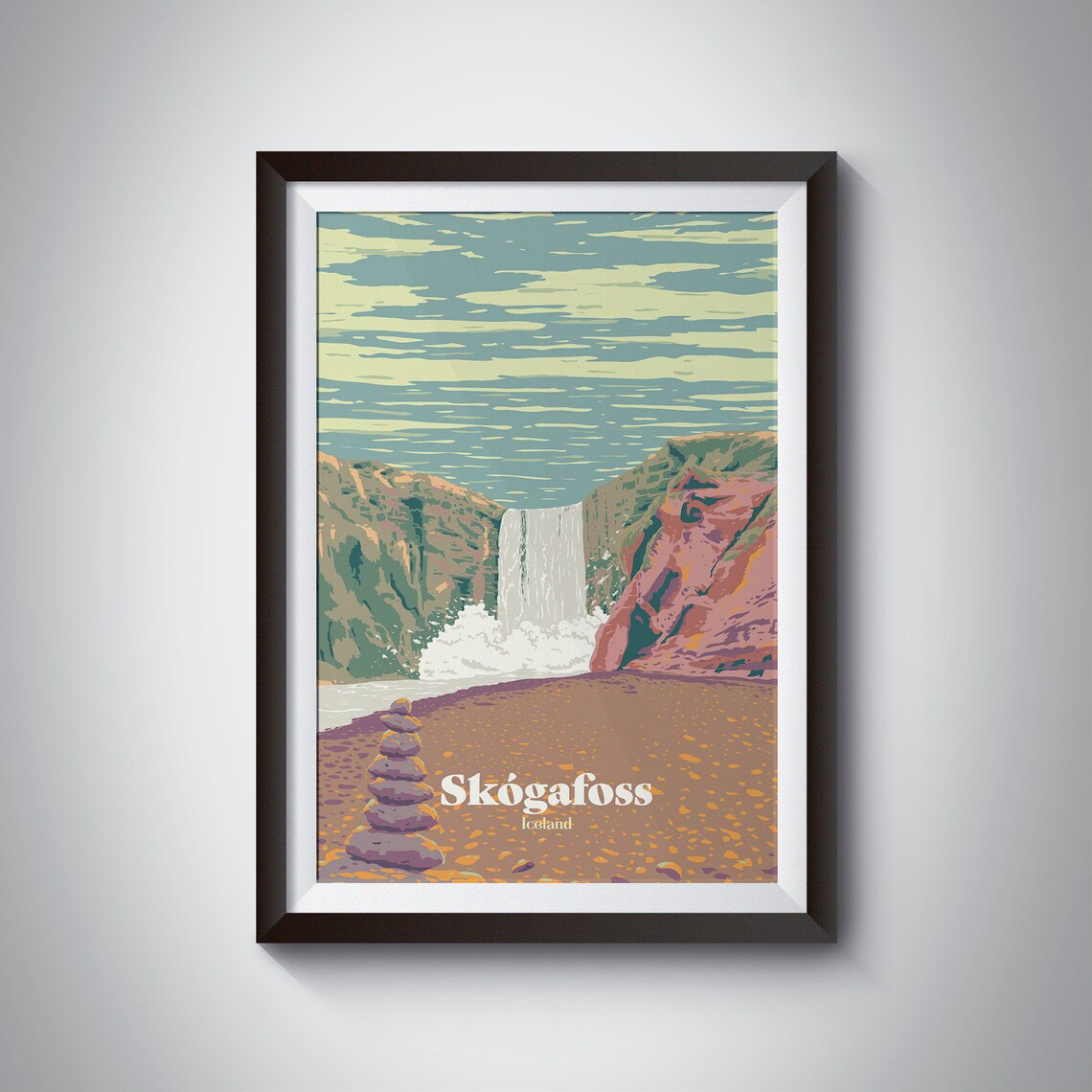 Skogafoss Iceland Retro Travel Poster, National Park