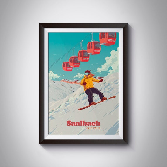 Saalbach Snowboarding Poster Vintage Skiing Print Skicircus Wall Art Austria Ski Poster Kohlmais Ski Lift Salzburg Ski Resort Gift