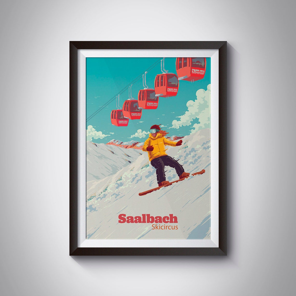 Saalbach Skicircus Red Gondolas Snowboarder Alpine Vintage Poster