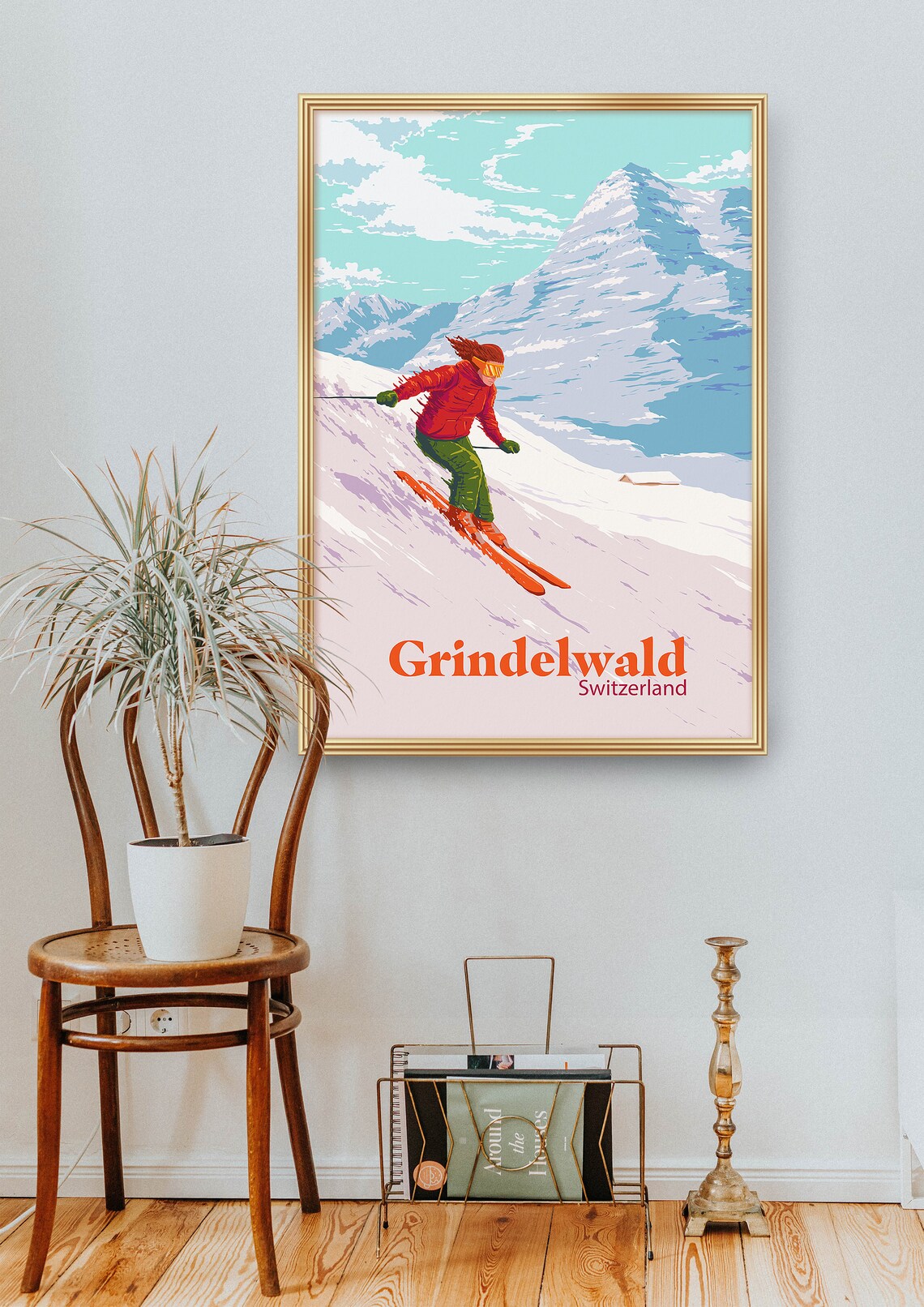 Grindelwald Switzerland Ski Resort Vintage Skier Travel Poster - Image 2
