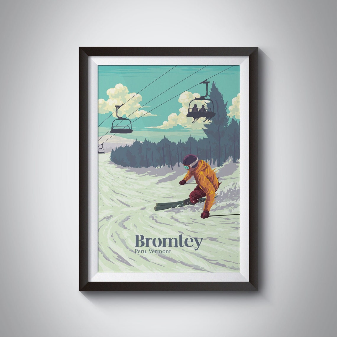 Bromley Vermont Skier Chairlift Vintage Green Mountains Ski Poster