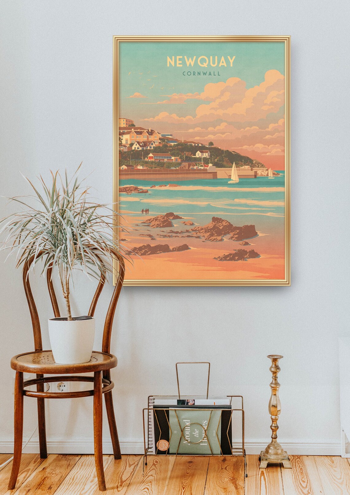 Newquay Cornwall Golden Beach Sunset Sailboats Rocky Shore Poster - Image 2