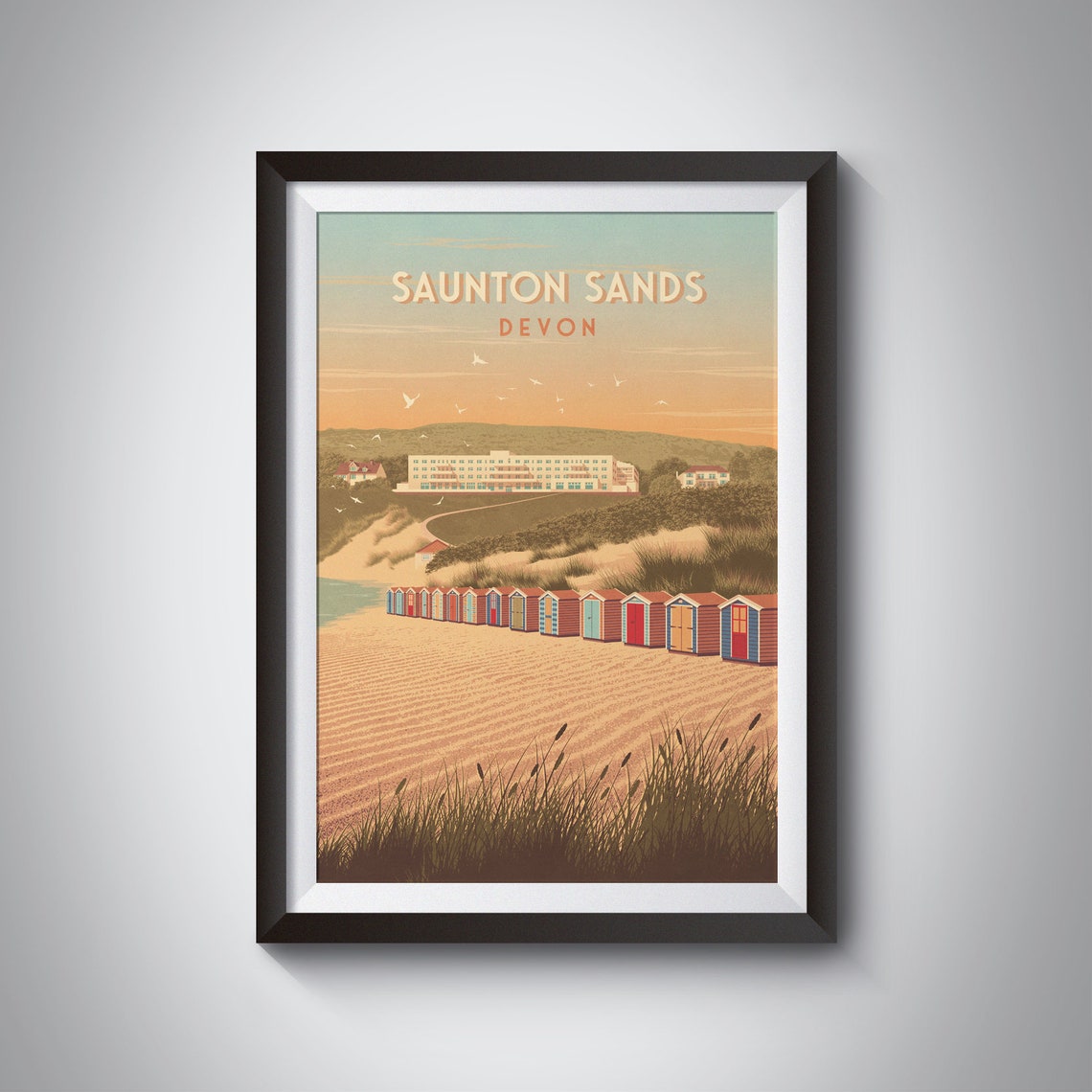 Saunton Sands Devon Beach Huts Sunset Vintage Seaside Poster