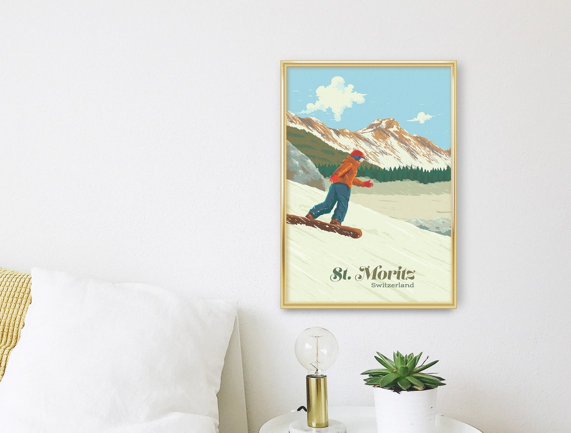 St Moritz Switzerland Snowboarder Riding an Alpine Slope Travel Poster - Image 3