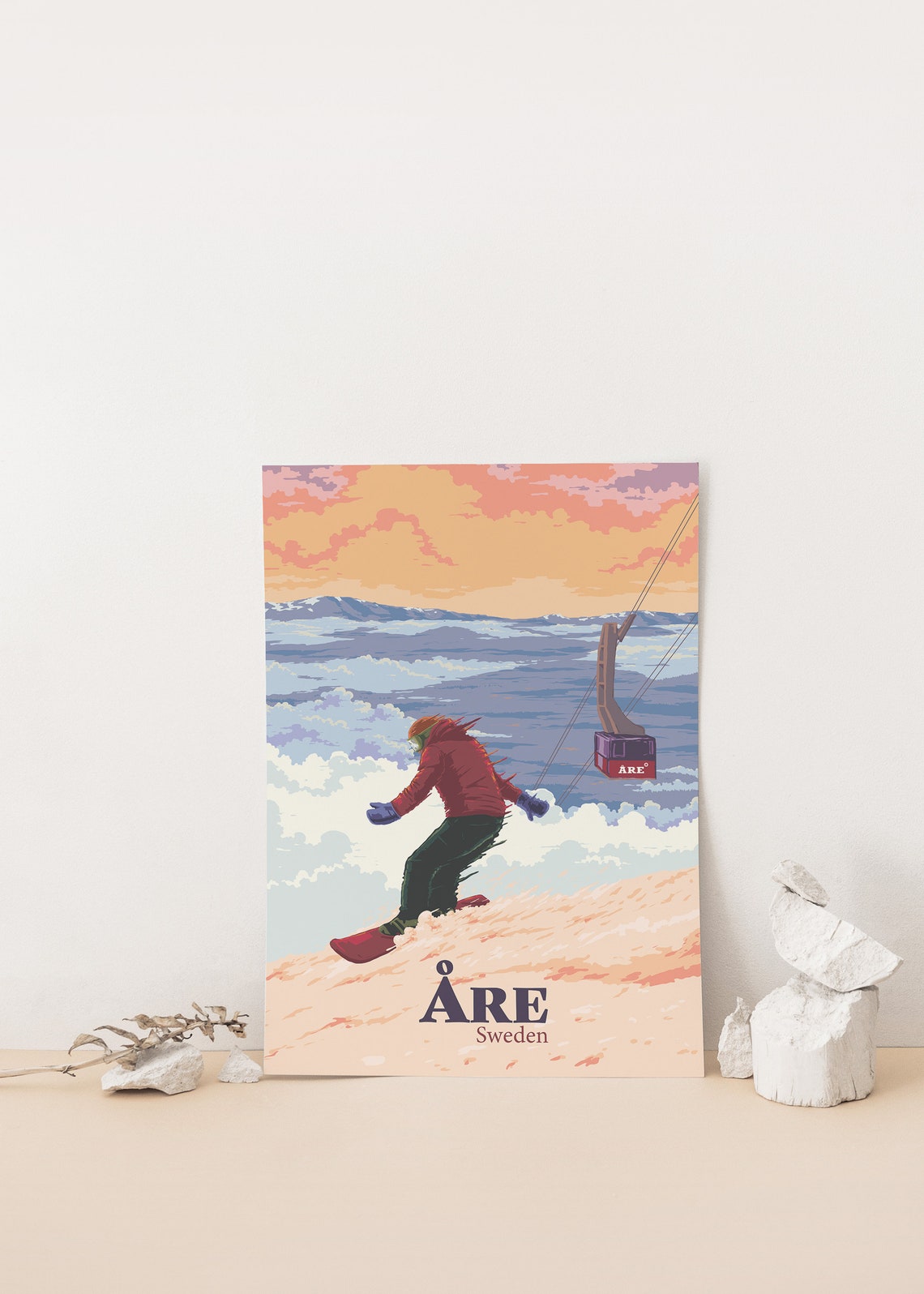 Are Sweden Ski Resort Blazing Sunset Snowboarder Travel Poster - Image 4