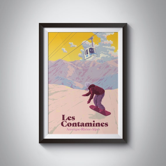 Les Contamines Montjoie Snowboarding Poster Rhone Alpes Skiing Print France Ski Resort Haute Savoie Skiing Gift Vintage Ski Print