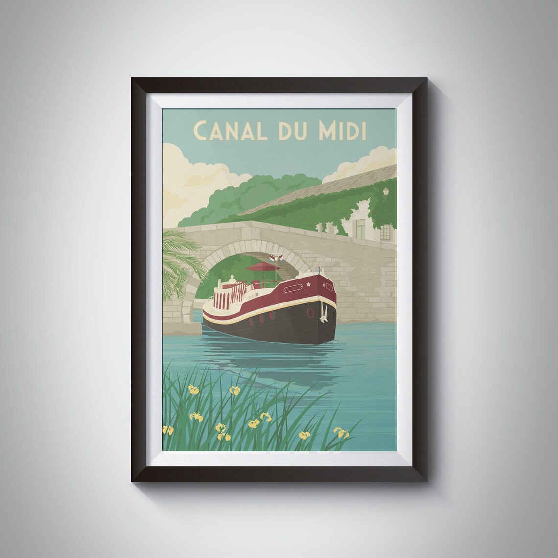Canal du Midi France Vintage Barge Stone Bridge Travel Poster