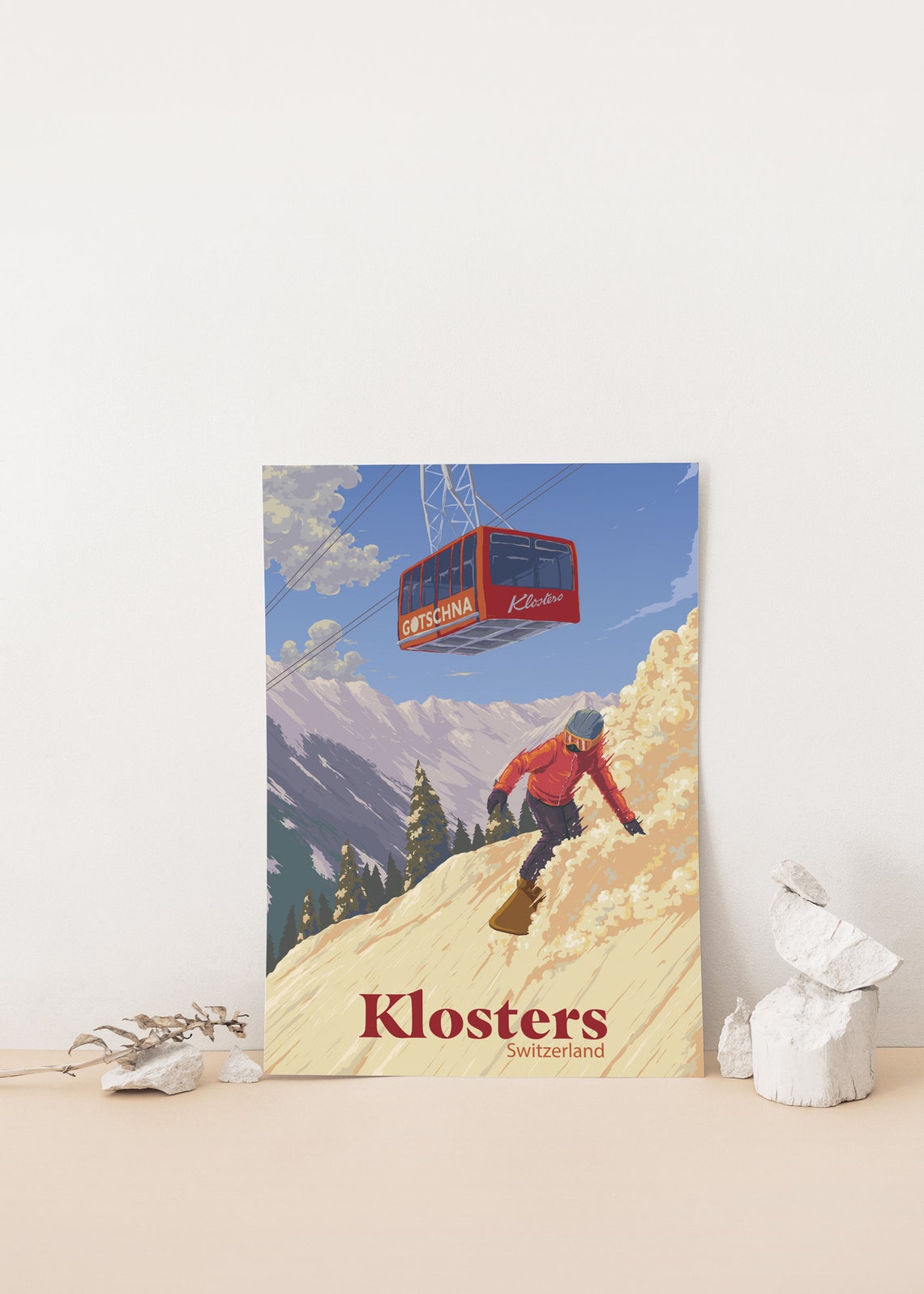 Klosters Switzerland Red Gotschna Gondola Powder Snowboard Poster - Image 4