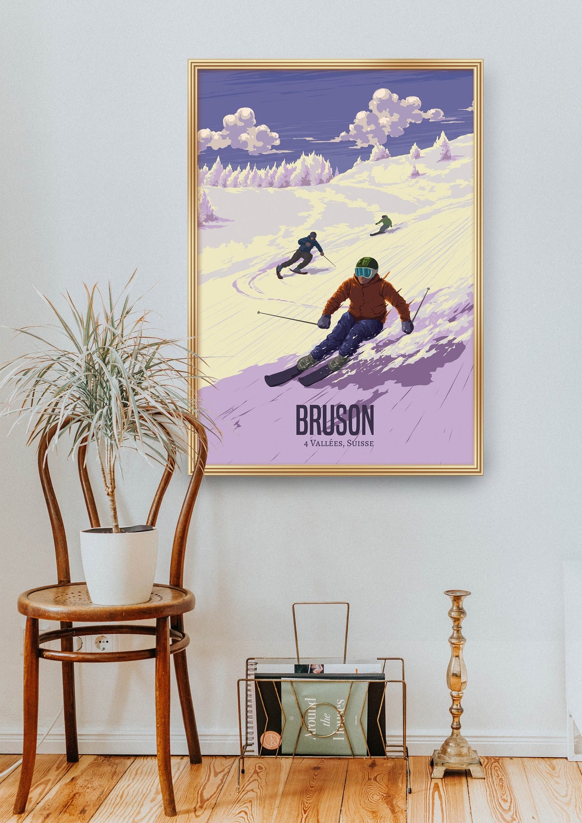 Bruson Swiss Alps Three Skiers Racing Down Powder Slope Poster - Image 2