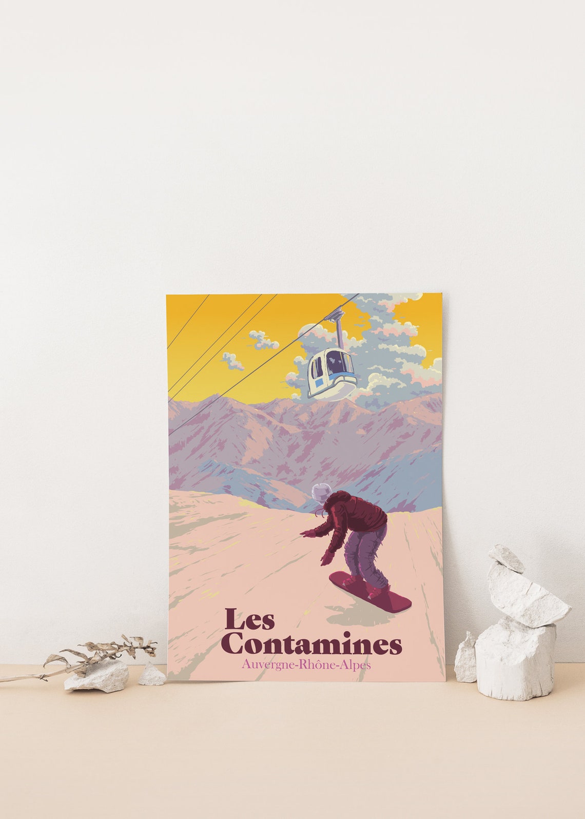 Les Contamines French Alps Golden Sunset Snowboarding Poster - Image 4