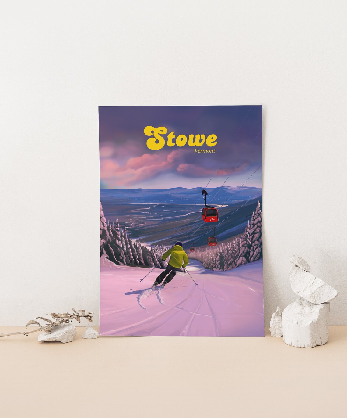Stowe Vermont Skier Sunset Gondola Mountain Retro Travel Poster - Image 4