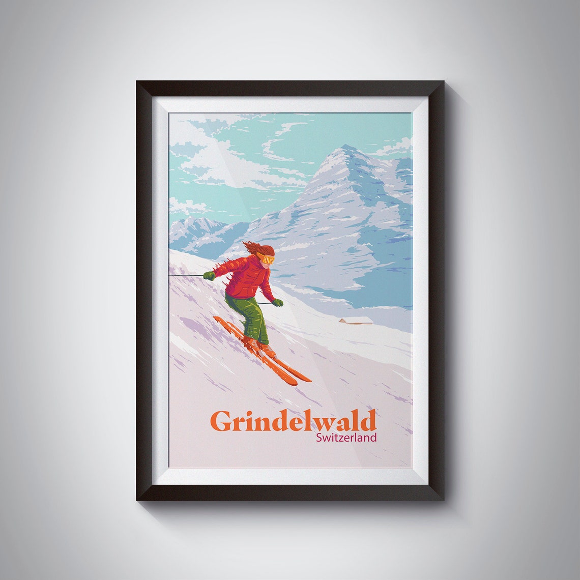 Grindelwald Switzerland Ski Resort Vintage Skier Travel Poster
