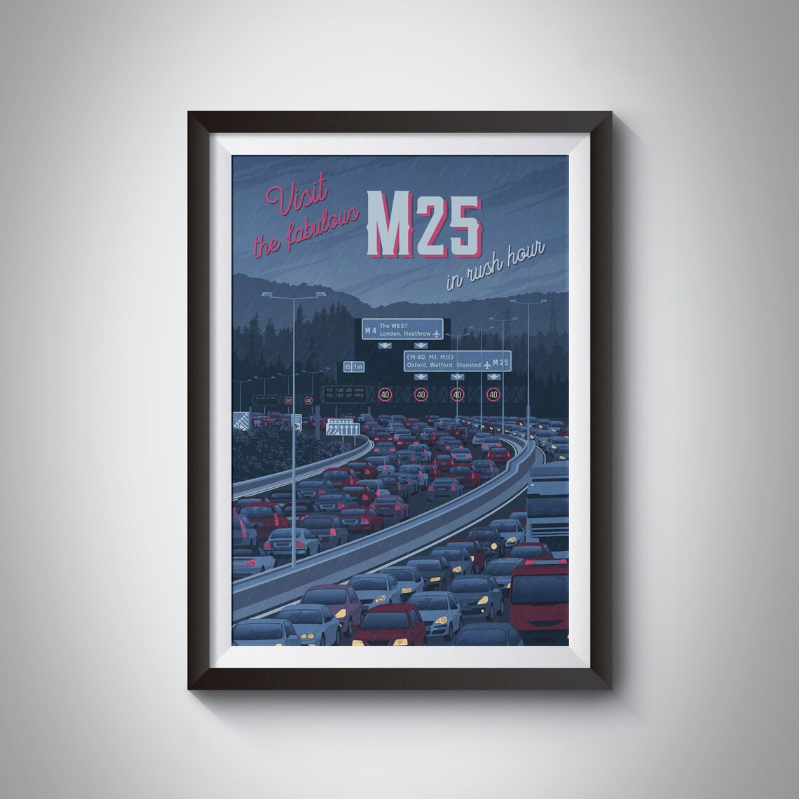 M25 Motorway London Travel Poster, Film Noir Style
