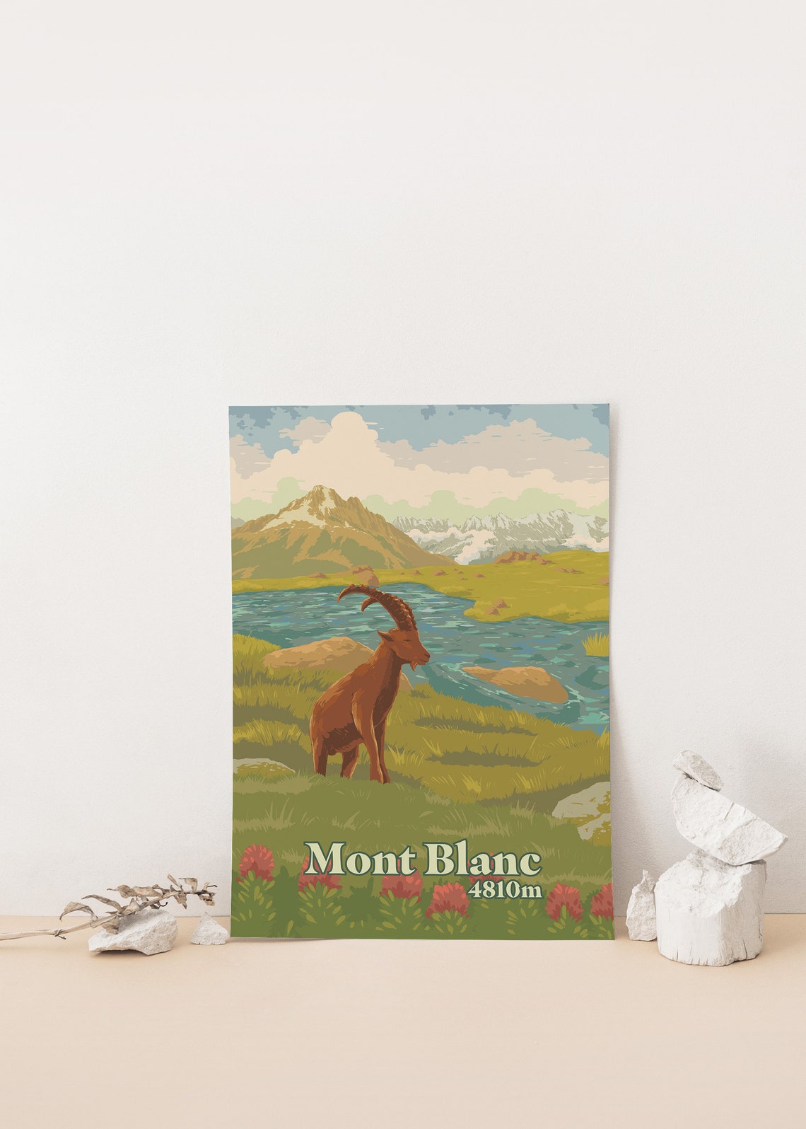 Mont Blanc 4810m Ibex Standing by an Alpine Lake Travel Art Poster - Image 3