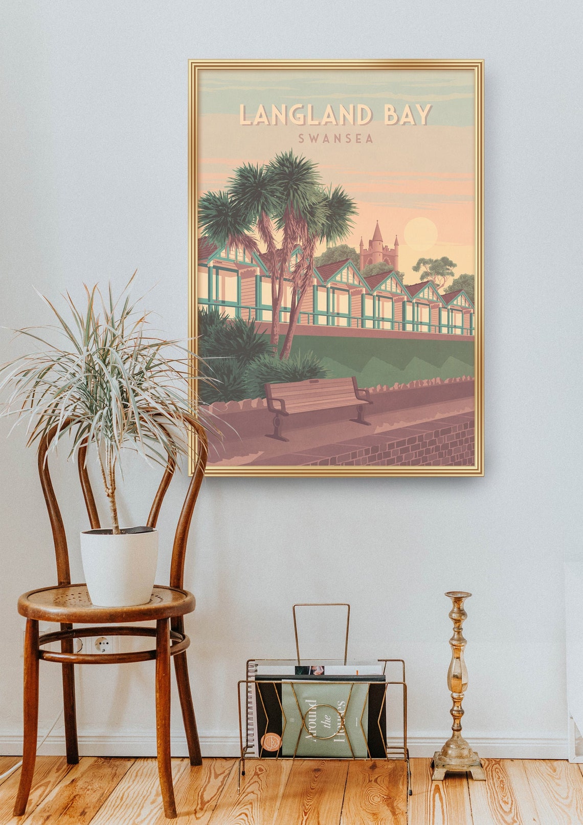 Langland Bay Swansea Beach Huts Sunset Retro Welsh Travel Poster - Image 2