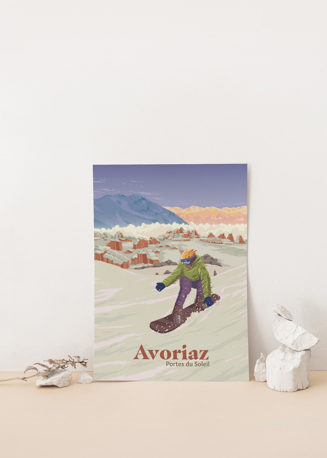Avoriaz Portes du Soleil French Alps Snowboarder Sunset Scene Poster - Image 4